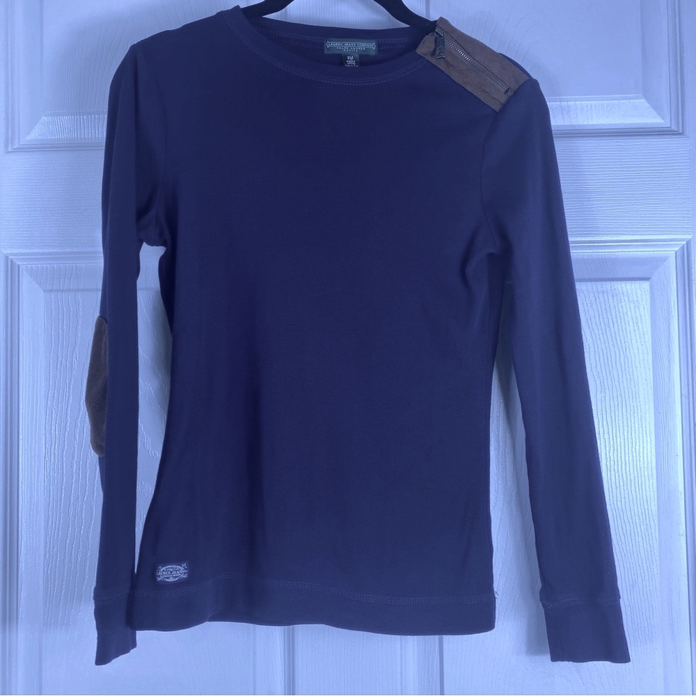 Ralph Lauren Navy Blue Long Sleeve Top with Suede Elbow Patches